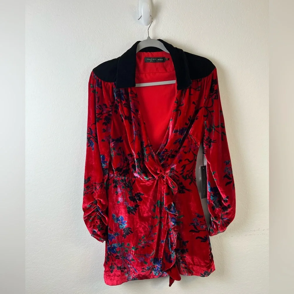 House of Harlow 1960 Revolve Red Floral Velvet Wrap Dress Holiday Party Wedding - Picture 2 of 16